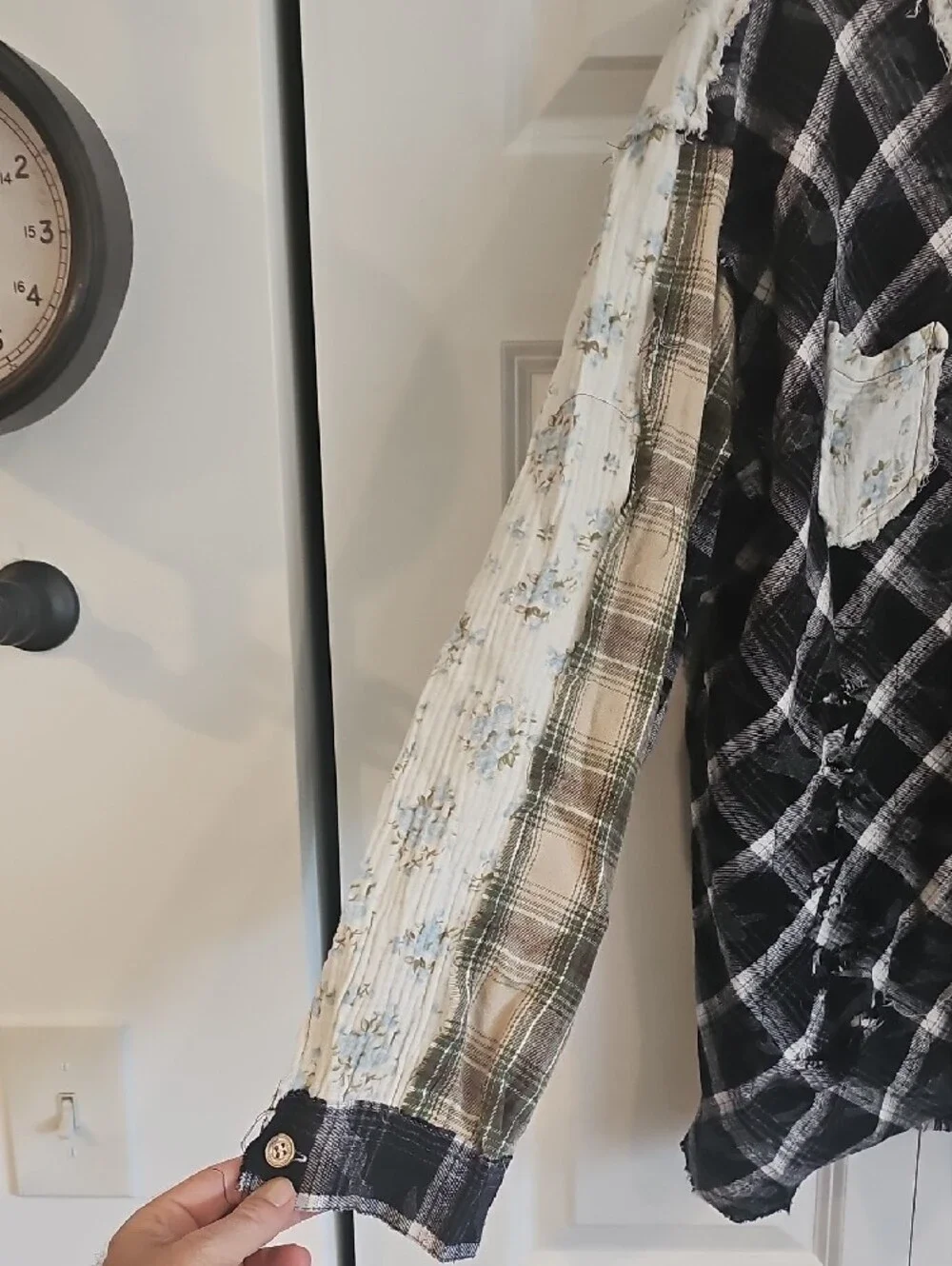 POL Patchwork Plaid Button-Down Shirt in Black, Green, Cream
